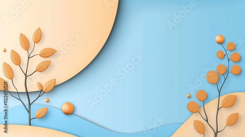 Autumnal Abstract Background  Pastel Blue  Orange Leaves  Paper Art Design