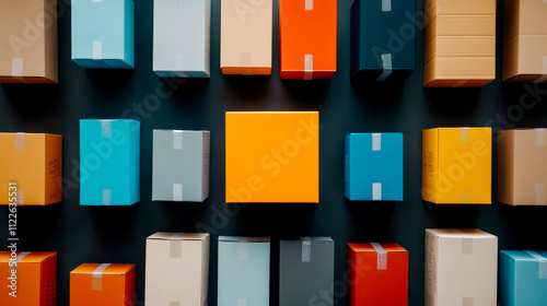 A colorful arrangement of boxes on a wall, featuring various sizes and colors, with one standout orange box in the center. photo
