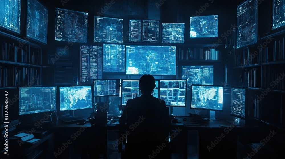 Fototapeta premium Hacker silhouetted against many computer screens displaying data and maps in a dark room.