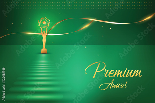 Golden Premium Luxury On Carpet Green Abstract Background. Royal Ethnic Theme Elements Concept Design Vector Illustration For Grand Music Concert, Movie, Party, Festival Celebration Etc.