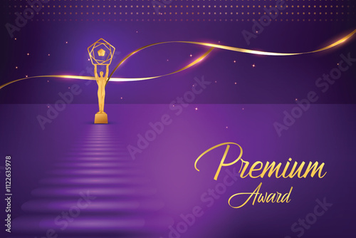 Golden Premium Luxury On Carpet Purple Abstract Background. Royal Ethnic Theme Elements Concept Design Vector Illustration For Grand Music Concert, Movie, Party, Festival Celebration Etc.