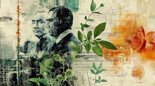 An artistic representation featuring two male figures with an abstract background of plants and textures, suggesting themes of nature and duality. photo