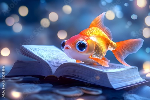 A cute cartoon goldfish with big eyes is reading an open book, surrounded by magical light and shimmering water photo