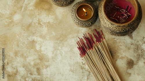 Top view of incense sticks and holders, clean background, no people, copy space