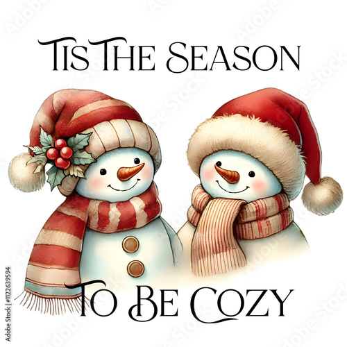 Cozy snowmen with the Christmas quote "Tis The Season to Be Cozy" in a charming watercolor style..Illustration of winter snowmen, perfect for holiday cards, decorations, and festive settings