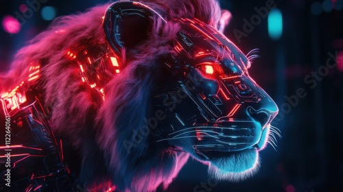 Futuristic Neon Lion with High-Tech Cyberspace Elements