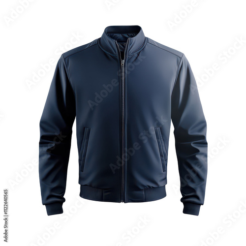 A stylish navy blue bomber jacket designed for casual wear.