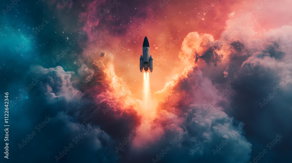 Fototapeta premium spacecraft launches through vibrant nebula, surrounded by colorful clouds and cosmic elements, creating sense of adventure and exploration