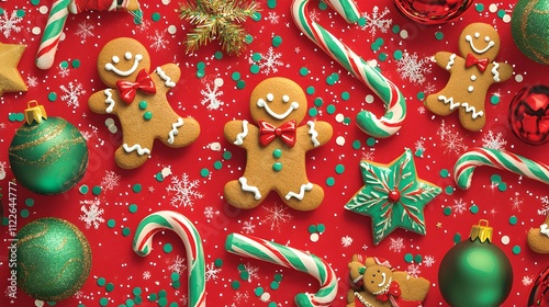 Christmas Gingerbread Delight: A festive and delicious spread of gingerbread men, candy canes, and Christmas ornaments create a visually captivating holiday scene.  