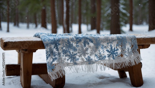 Delicate Snowflake Scarf on a Wooden Bench in Winter photo