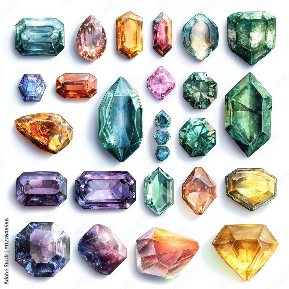 Fototapeta premium Collection of 24 Vibrant Hand-Painted Gemstones Emerald, Sapphire, Ruby, and More - High-Resolution Stock Image