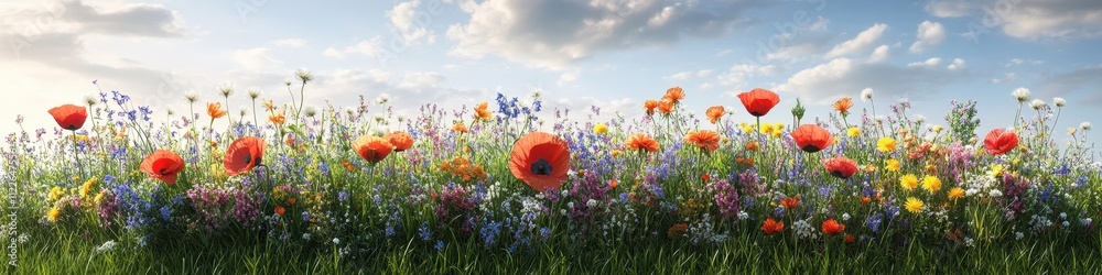 Obraz premium Vibrant Wildflower Meadow Panorama Blooming Poppies, Bluebells, and a Rainbow of Summer Flowers Under a Sunny Sky