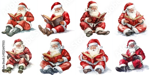 Eight Watercolor Santas Reading Books - Charming watercolor illustration of eight Santa Clauses, each engrossed in a book.  Symbolizes Christmas spirit, reading, tradition, joy, peace. photo