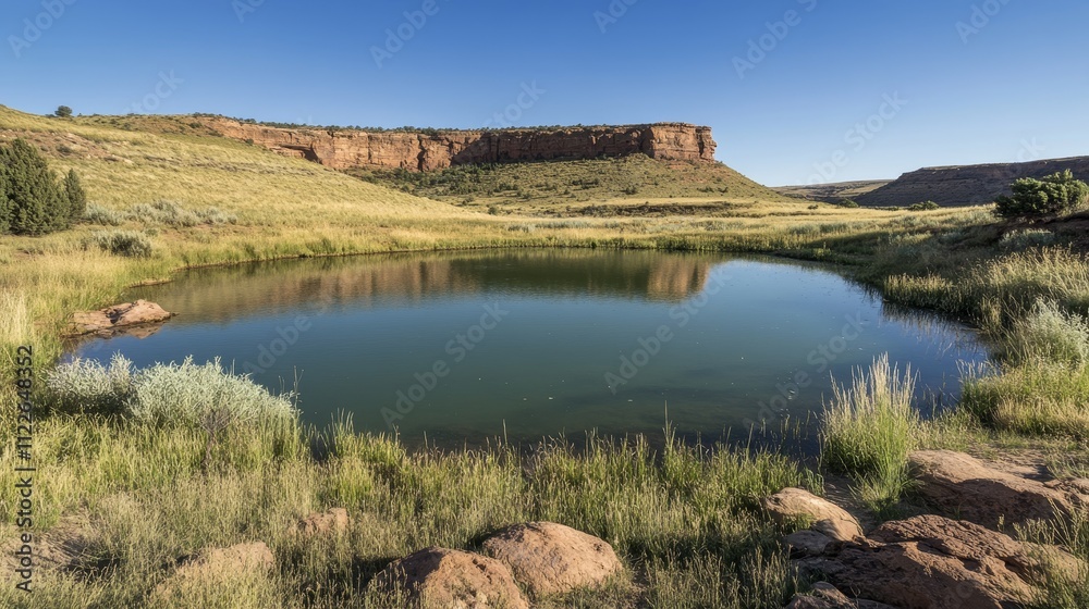 Fototapeta premium Serene landscape featuring a calm pond surrounded by grass and rocky formations under a clear sky.