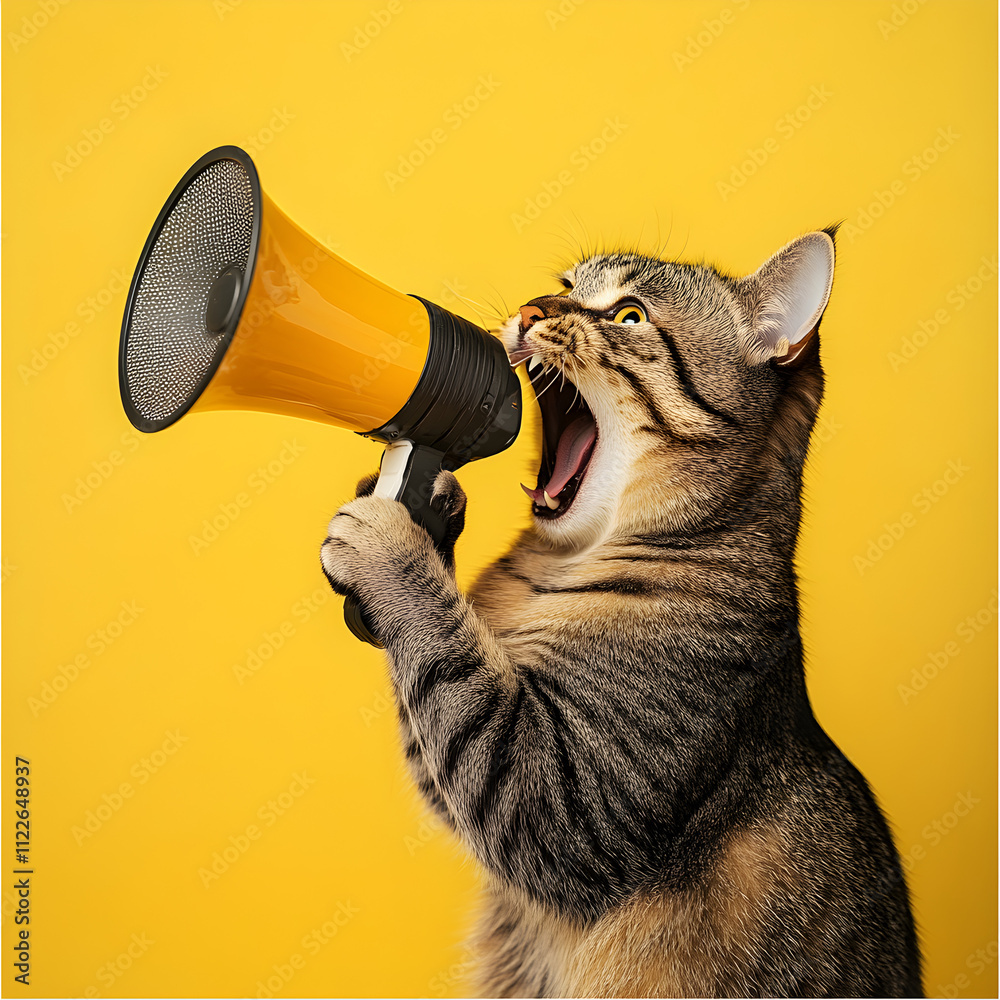 Fototapeta premium Cat yelling into a megaphone. A call to action concept. 