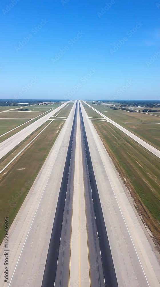 Fototapeta premium Aerial view of a long, straight runway at an airport on a clear sunny day.