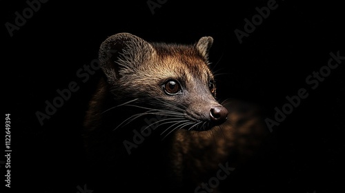 A realistic photoshoot-style image of a musang bulan (Asian palm civet) in a studio setting, with a pure black background. photo