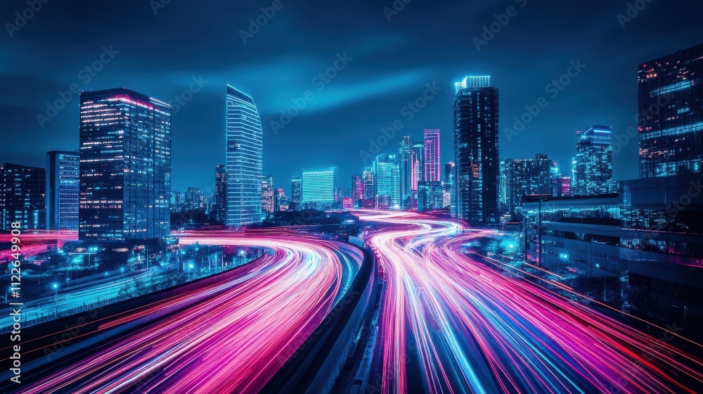 Fototapeta premium Vibrant Night Cityscape with Light Trails and Modern Skyscrapers