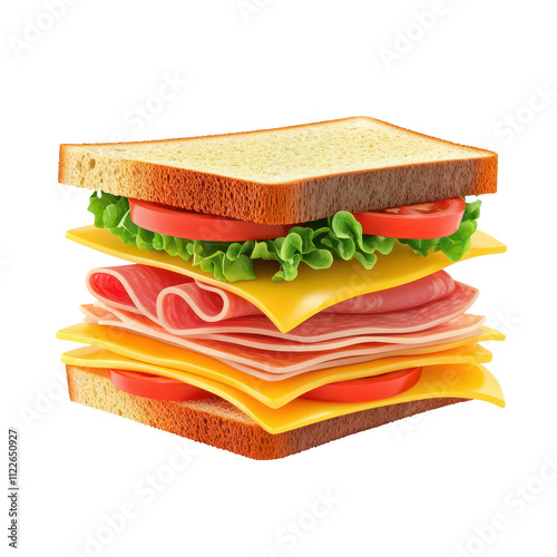 A layered sandwich with bread, lettuce, tomatoes, and various meats and cheeses.