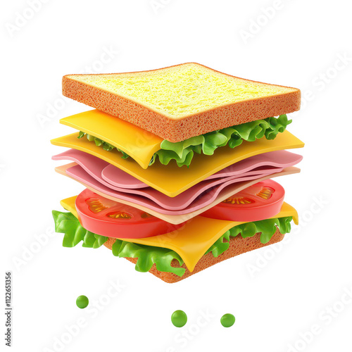 A colorful sandwich with layers of cheese, ham, lettuce, and tomatoes.