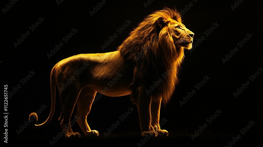 Obraz premium An image made using only the same shade of golden yellow of a lion against a black background. The lionâ€™s powerful mane and regal posture radiate strength and authority