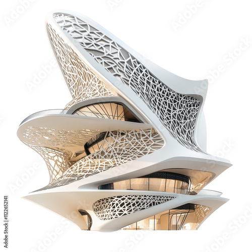 A modern architectural design featuring intricate patterns and a futuristic structure.