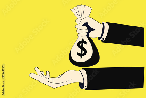 business exchange connection, hand give sack of money, partnership, crime trade, bribe corruption. flat cartoon vector illustration