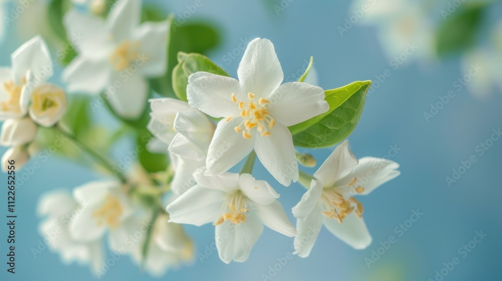 Obraz premium close up shot white jasmine flowers on a blue background with a soft focus bokeh light