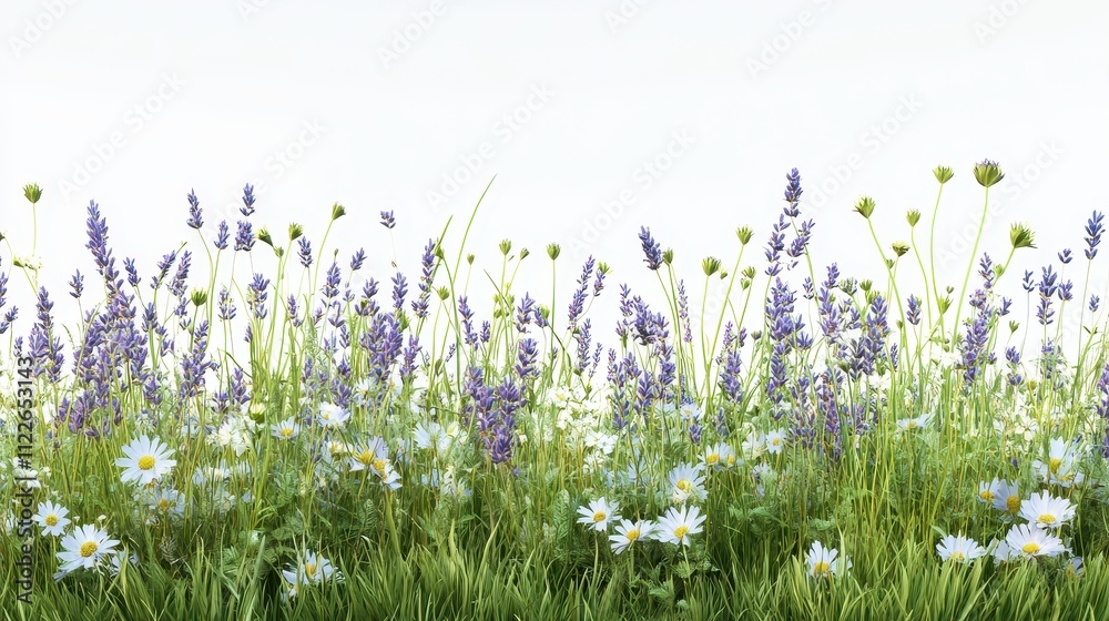 Fototapeta premium Vibrant Lavender and Daisy Meadow Seamless Spring Floral Border, 3D Rendered Wildflower Image for Design Projects