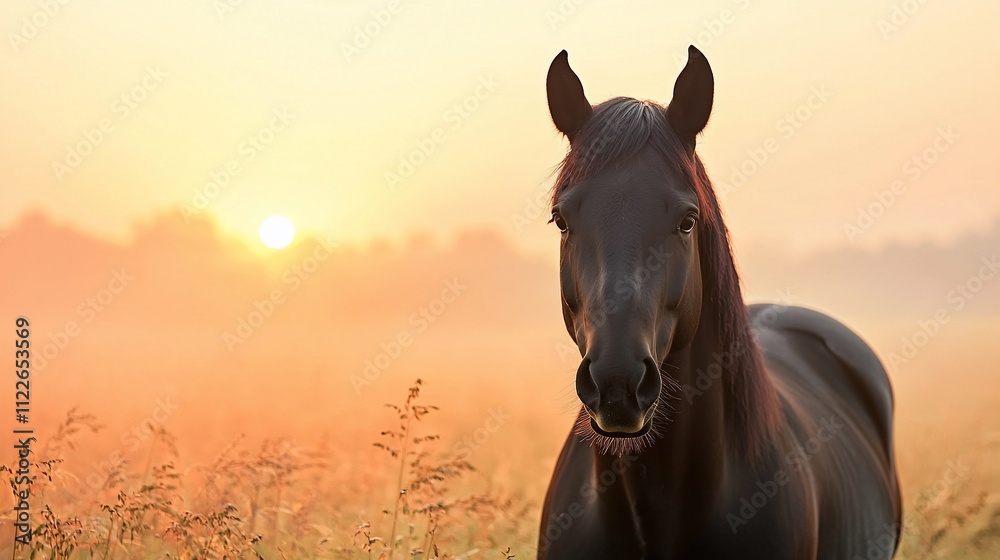 Obraz premium Majestic dark horse silhouetted against a sunrise in a misty field.