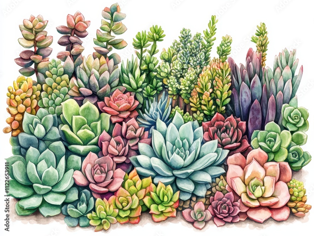 Obraz premium Vibrant Watercolor Painting of a Diverse Collection of Succulents - Echeveria, Sedum, and More