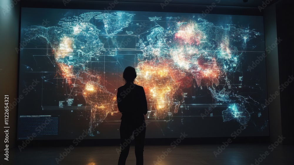 Fototapeta premium Silhouette of Person Viewing a Colorful World Map Projection