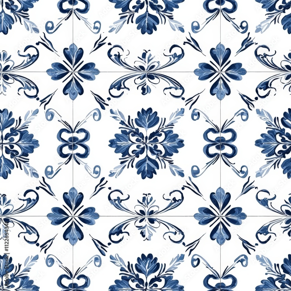 Obraz premium Elegant Blue and White Floral Tile Pattern Seamless Texture