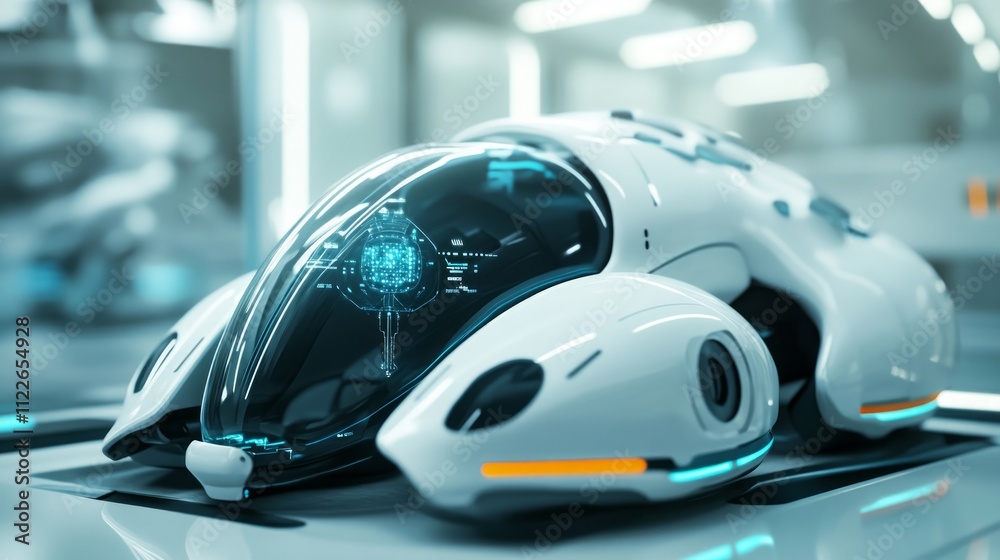 Fototapeta premium A futuristic medical device with a modular design, incorporating soft robotics and nanotechnology, capable of performing surgeries autonomously.