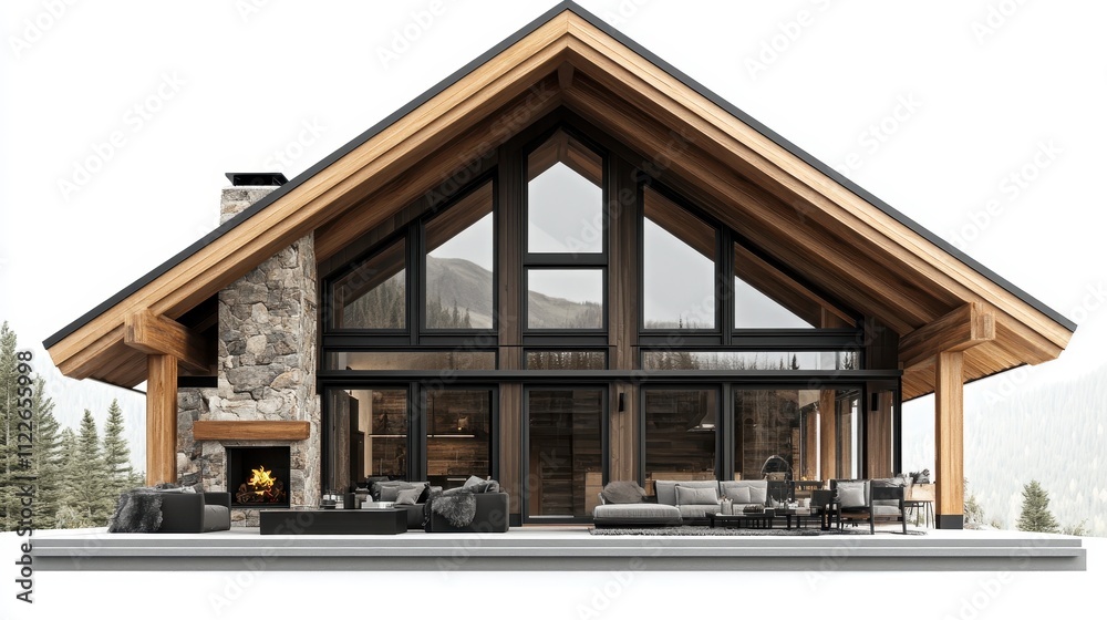 Fototapeta premium Stunning Modern A-Frame Cabin with Stone Fireplace and Mountain Views Architectural Design and Exterior Photography