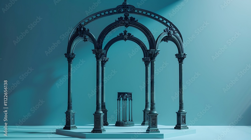 Fototapeta premium Podium structure made of forged iron with an aqua backdrop