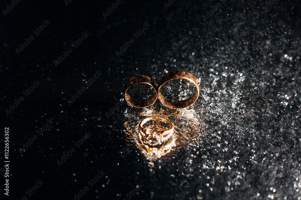 three gold rings lie on a dark surface. Two rings are next to each other at the top of the image, and at the bottom there is a third ring with a large stone. The surface on which the rings lie shines. three gold rings lie on a dark surface. Two rings are next to each other at the top of the image, and at the bottom there is a third ring with a large stone. The surface on which the rings lie shines.