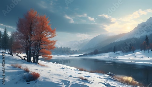 Winter landscape serenitya tranquil river scene with autumn trees in a snow-capped mountain environment at dusk photo