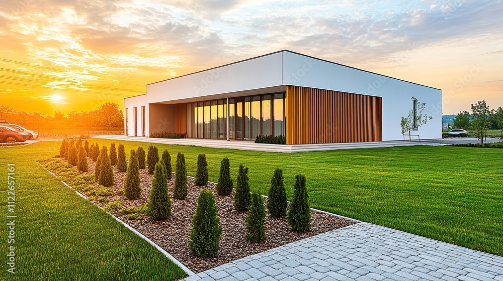 Obraz premium Senior care facility exterior with well-maintained garden and welcoming entrance. Emphasizing comfort and dignity in elderly living environments.