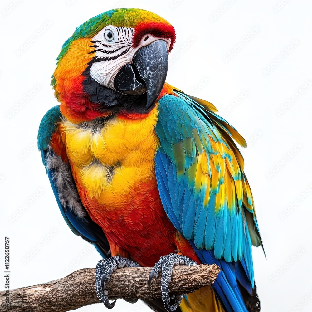 Fototapeta premium Vibrant Scarlet Macaw Perched on Branch, Isolated on White Background - Detailed Close-up of Exotic Bird Feathers