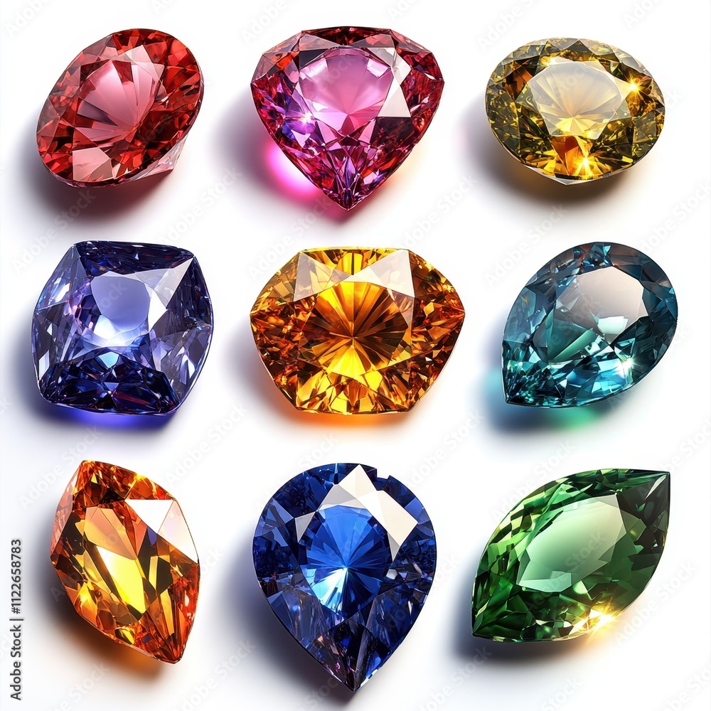 Fototapeta premium Nine Vibrant Gemstones A Collection of Sparkling Red, Pink, Yellow, Orange, Blue, and Green Precious Stones on White Background