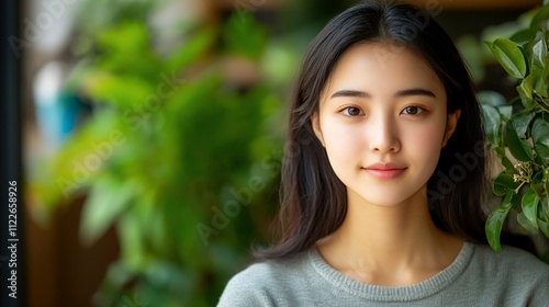 Portrait of a young Asian woman with smooth skin and dark hair, smiling gently against a blurred background of lush green plants.