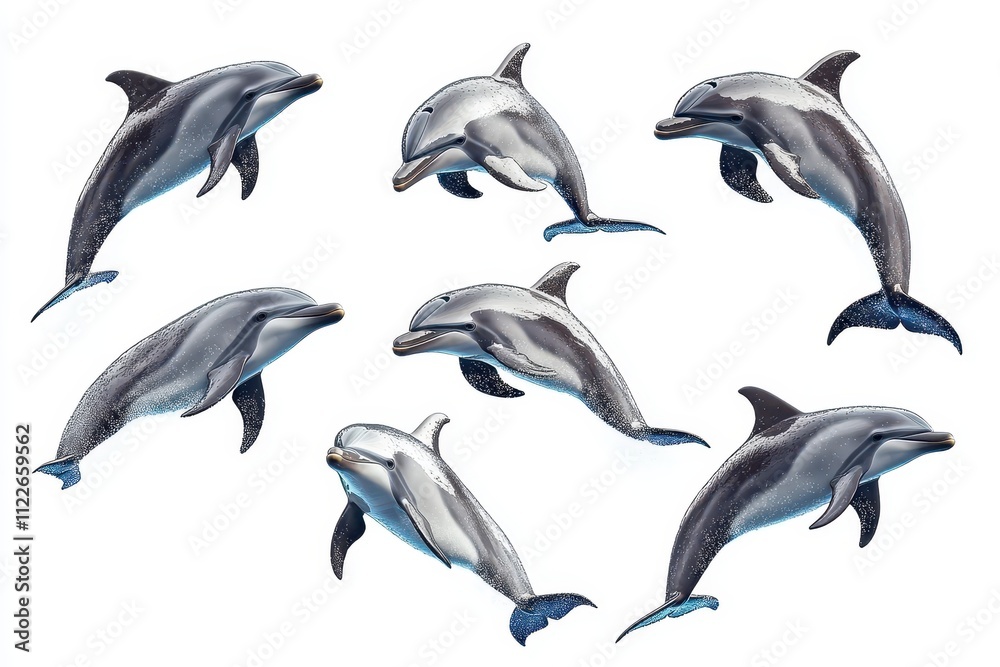Fototapeta Six Stunning Atlantic Spotted Dolphins Leaping and Playing Against a White Background - High-Resolution Stock Photo