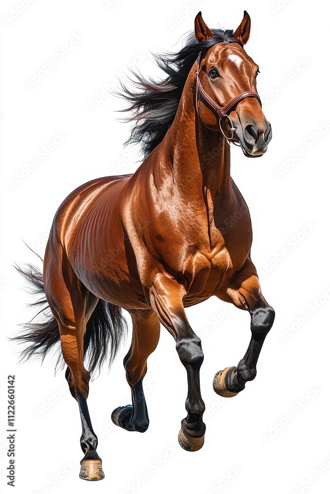Obraz premium Stunning Chestnut Horse in Motion Dynamic Action Shot of a Running Horse with Flowing Mane and Tail Isolated on White Background.