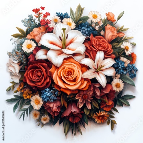 Lush Autumnal Floral Bouquet Vibrant Roses, Lilies, and Daisies in a Stunning Digital Painting