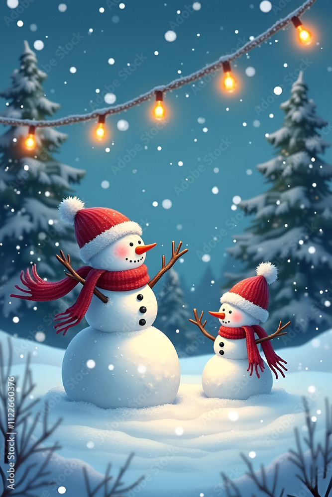 Fototapeta premium Charming Snowman Family with Red Accessories in Snowy Evening Scene