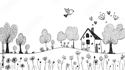 Hand-drawn illustration of a charming house nestled in a whimsical landscape with trees, flowers, and a bird. photo