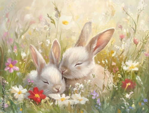 Fluffy baby rabbits nestled in a wildflower meadowa soft and serene nature scene photo