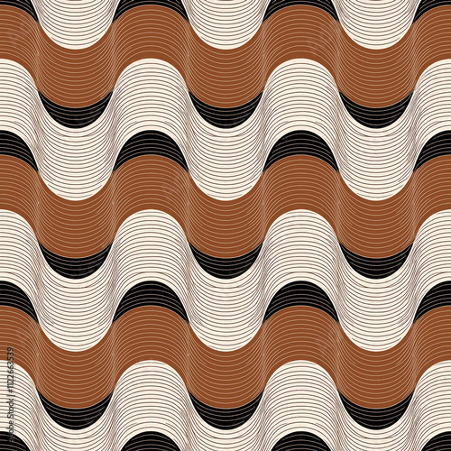 Retro midcentury textured brown ogee oval pattern. Retro 70s ogee and circles geometrics brown, black and cream fabric texture. photo