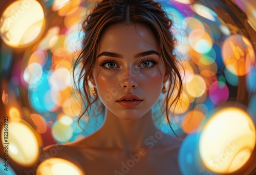 Portrait of a beautiful woman in a nightclub smiling with glamorous makeup and a background of blurry colorful lights photo